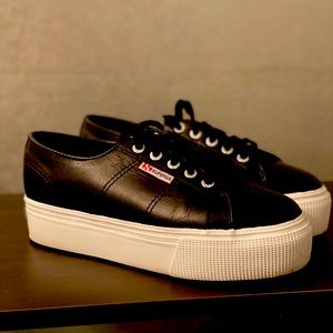 Superga Black Leather Platform Sneaker